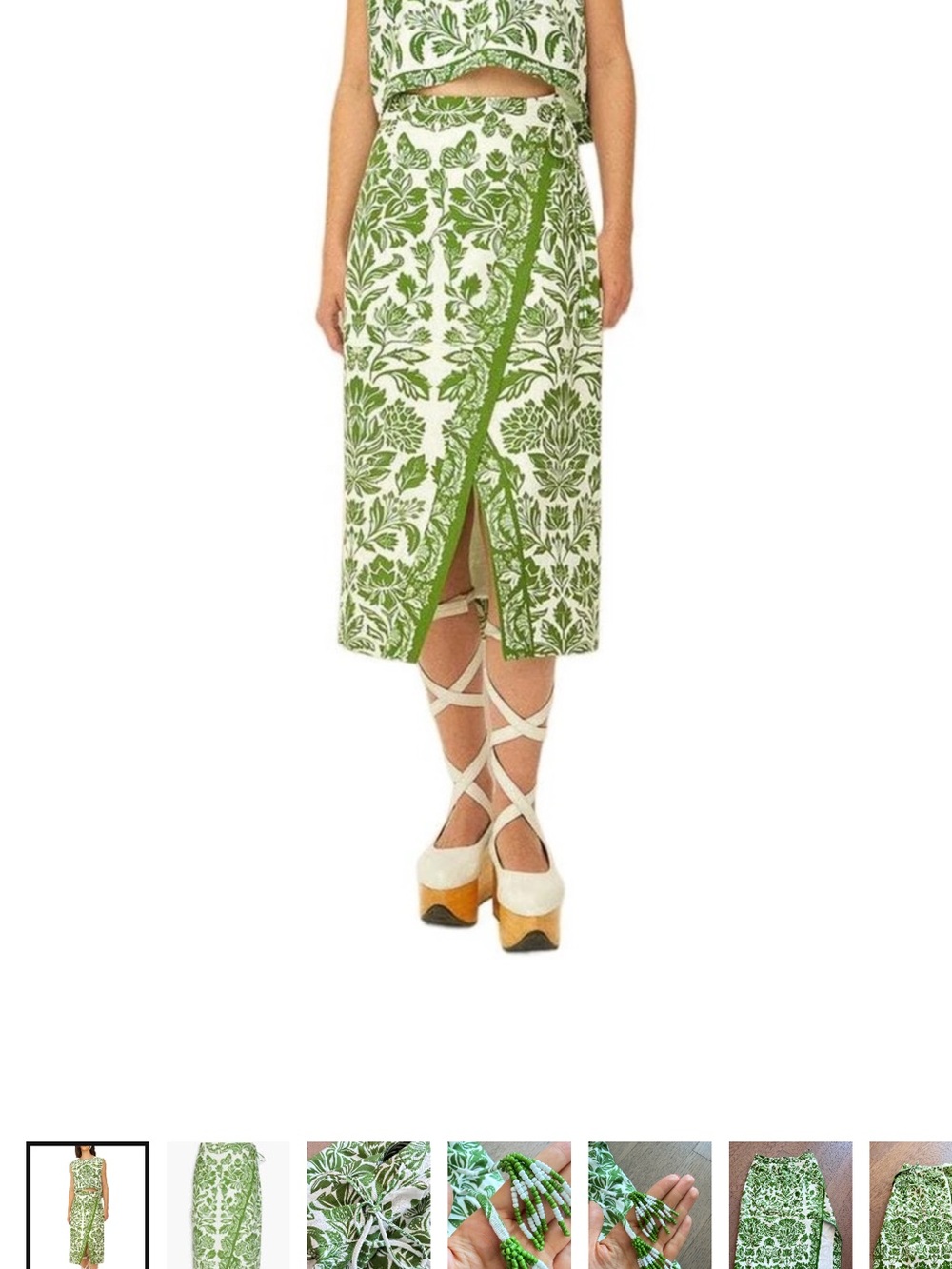 FARM Rio Green and White Botanical Wrap-Front Midi Skirt
